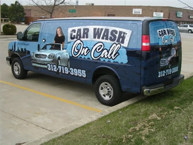 Digitally printed custom vehicle wrap advertisement for the On Call Car Was